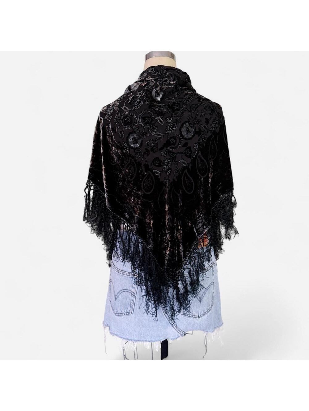 Vintage Black Burnout Velvet Devoré Fringed Piano Shawl